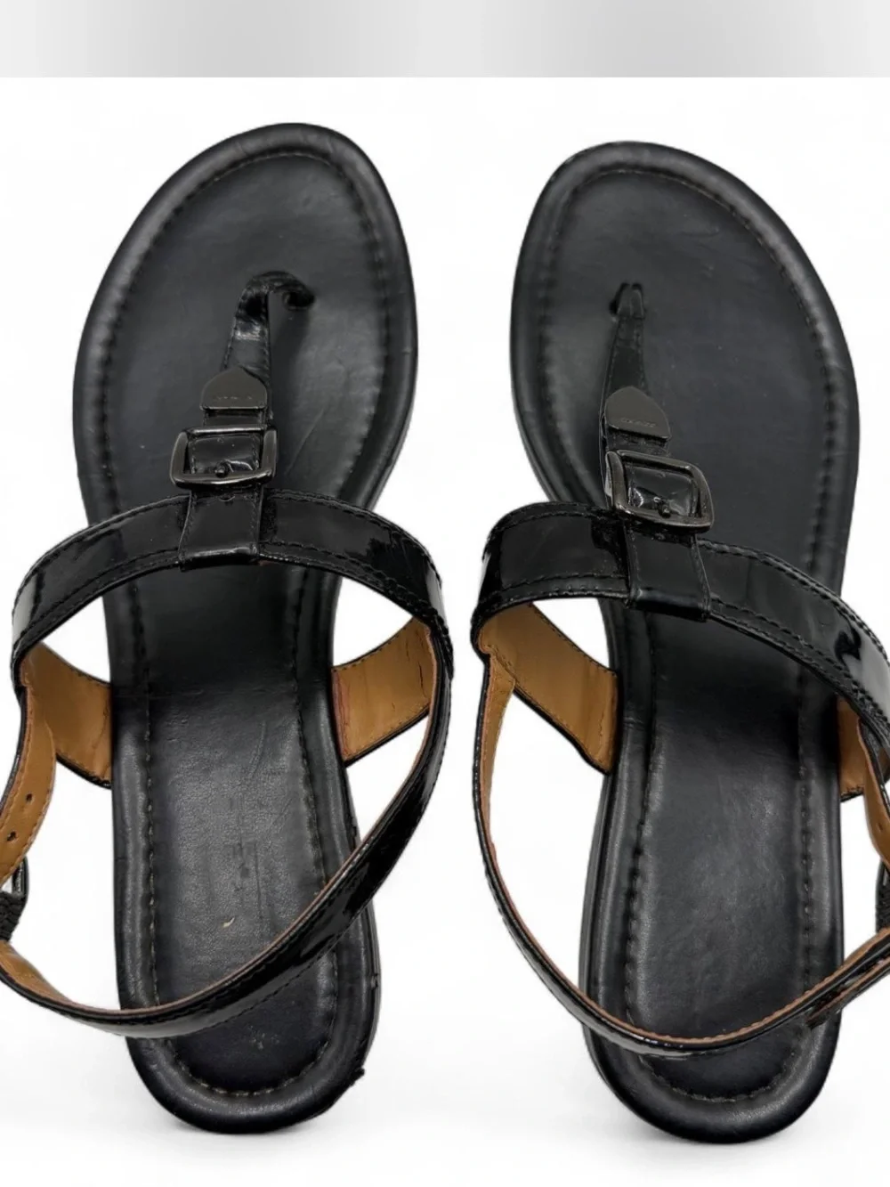 Coach Womens black Patent Leather T-Strap Sandals